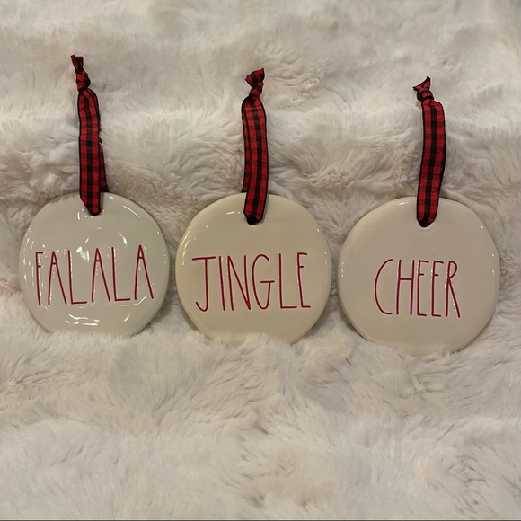 RAE DUNN by Magenta "FALALA, JINGLE, CHEER” Christmas Ornament Set of 3 - Picture 1 of 5